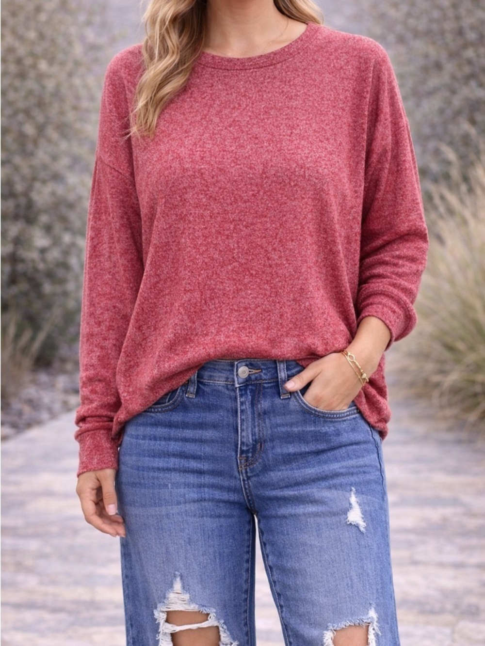 Zenana Burgundy Brushed Knit Sweater Top Soft Oversized Cozy Pullover NWT - Picture 2 of 8